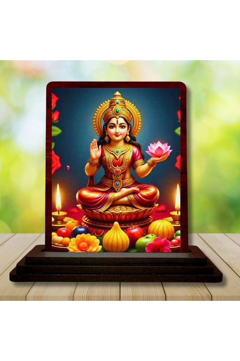 Car Desk/Table Top Maha Lakshmi Wooden Photo Stand 3x4 Inches, Compact & Stylish Spiritual Display For Car, Home & Office (Pack Of 1) (F14161)