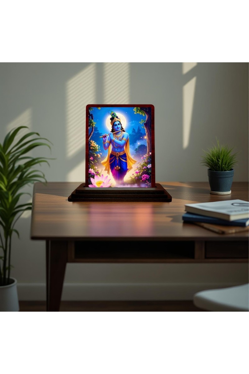 Car Desk/Table Top Lord Krishna Wooden Photo Stand 3x4 Inches, Compact & Stylish Spiritual Display For Car, Home & Office (Pack Of 1) (F15189)