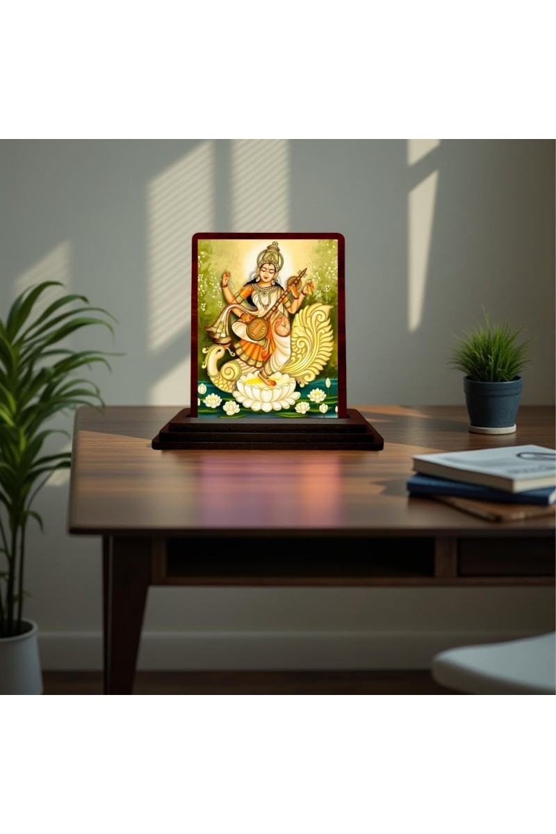 Car Desk/Table Top Maa Sarswati Wooden Photo Stand 3x4 Inches, Compact & Stylish Spiritual Display For Car, Home & Office (Pack Of 1) (F15173)