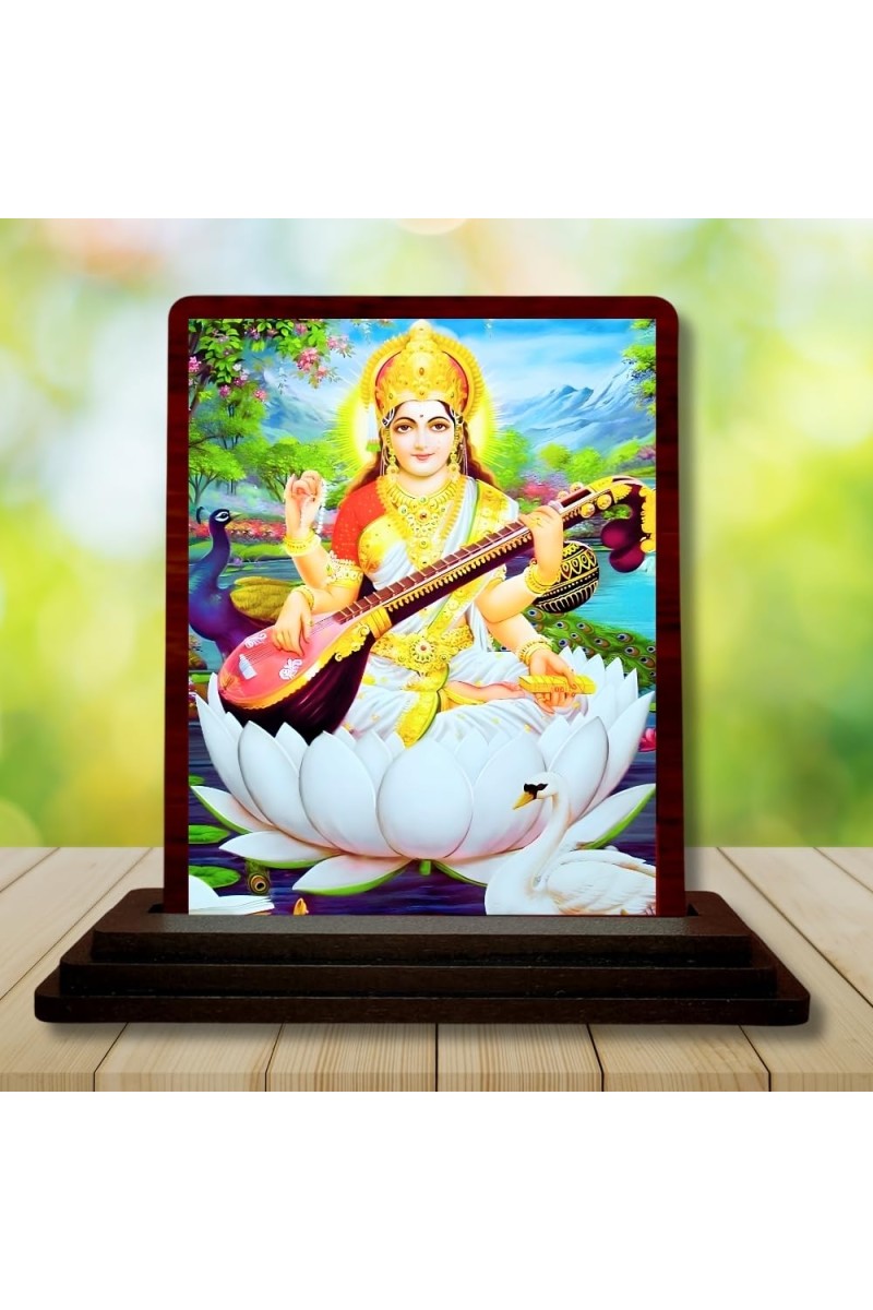 Car Desk/Table Top Maa Sarswati Wooden Photo Stand 3x4 Inches, Compact & Stylish Spiritual Display For Car, Home & Office (Pack Of 1) (F15055)