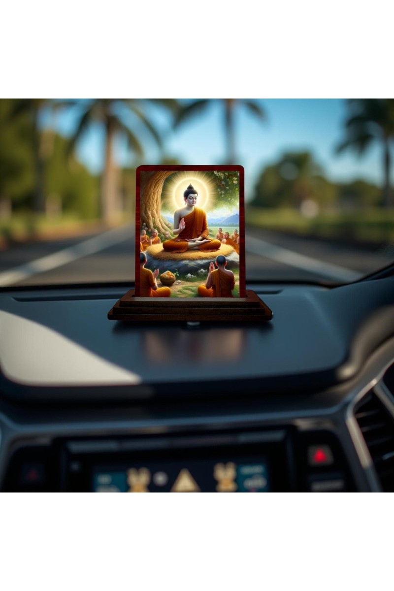 Car Desk/Table Top Lord Buddha Wooden Photo Stand 3x4 Inches, Compact & Stylish Spiritual Display For Car, Home & Office (Pack Of 1) (F14498)