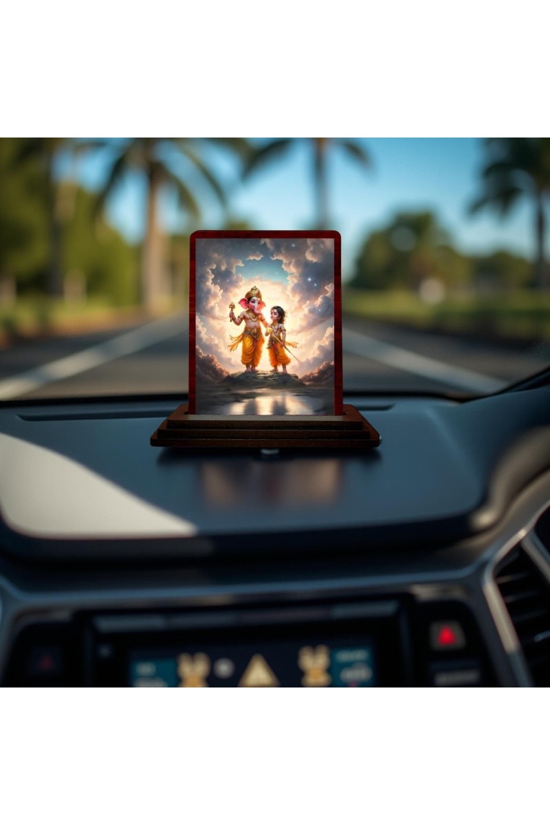 Car Desk/Table Top Lord Ganesha And Karthikeya Wooden Photo Stand 3x4 Inches, Compact & Stylish Spiritual Display For Car, Home & Office (Pack Of 1) (F14367)