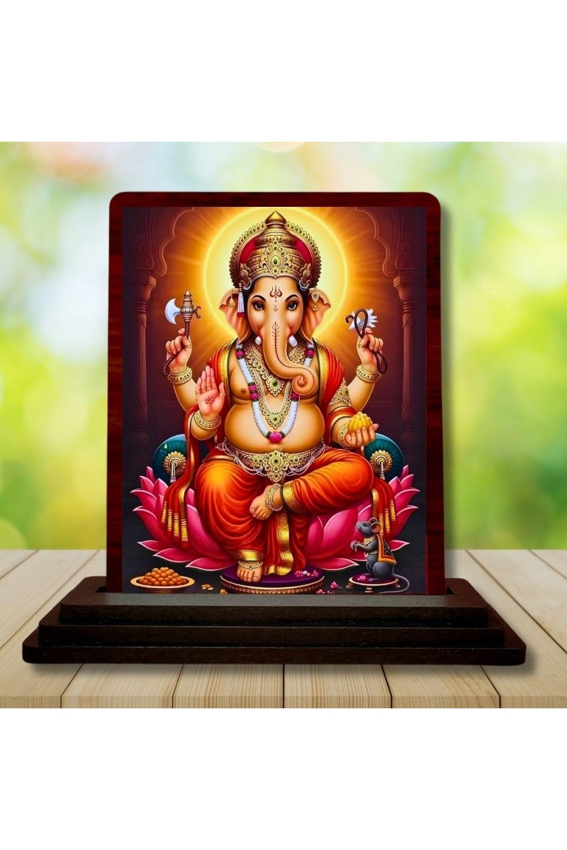Car Desk/Table Top Lord Ganesha Wooden Photo Stand 3x4 Inches, Compact & Stylish Spiritual Display For Car, Home & Office (Pack Of 1) (F14156)