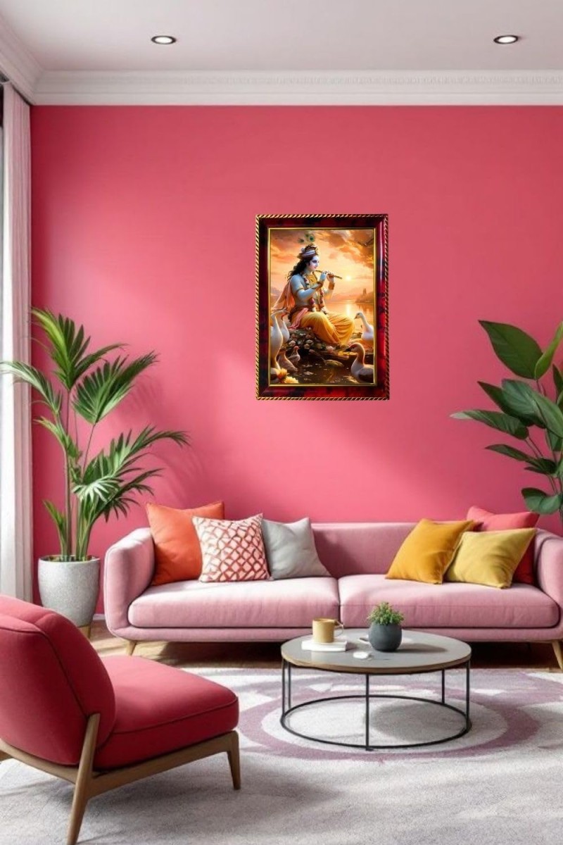 Sri Krishna Playing Flute Photo Frame For Wall & Table | 7x9 Inch Golden Cherry Finish | Decorative Sri Krishna Playing Flute Photo Frame For Home, Office & Pooja Room (F11385)