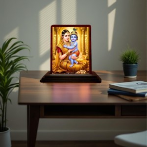 Car Desk/Table Top Yashodha Krishna Wooden Photo Stand 3x4 Inches, Compact & Stylish Spiritual Display For Car, Home & Office (Pack Of 1) (F14467)