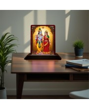 Car Desk/Table Top Lord Radha Krishna Wooden Photo Stand 3x4 Inches, Compact & Stylish Spiritual Display For Car, Home & Office (Pack Of 1) (F15110)