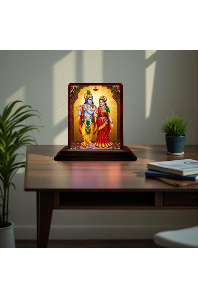 Car Desk/Table Top Lord Radha Krishna Wooden Photo Stand 3x4 Inches, Compact & Stylish Spiritual Display For Car, Home & Office (Pack Of 1) (F15110)