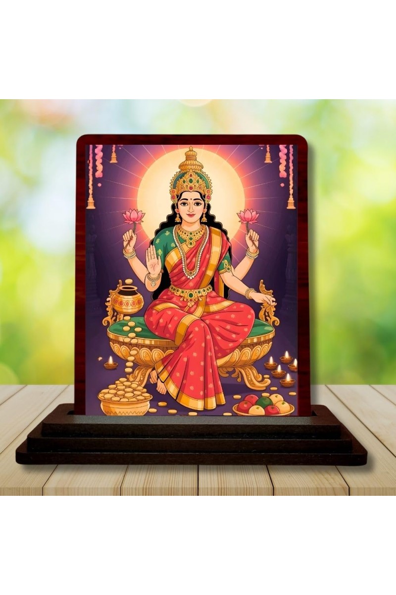 Car Desk/Table Top Goddess Lakshmi Wooden Photo Stand 3x4 Inches, Compact & Stylish Spiritual Display For Car, Home & Office (Pack Of 1) (F14277)