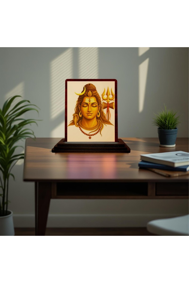 Car Desk/Table Top Lord Shiva Wooden Photo Stand 3x4 Inches, Compact & Stylish Spiritual Display For Car, Home & Office (Pack Of 1) (F15098)