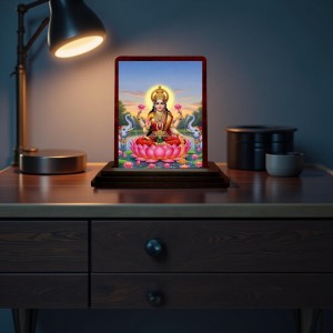 Car Desk/Table Top Goddess Lakshmi Wooden Photo Stand 3x4 Inches, Compact & Stylish Spiritual Display For Car, Home & Office (Pack Of 1) (F14236)