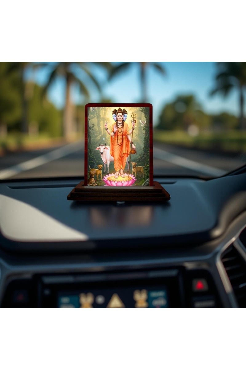 Car Desk/Table Top Lord Dattatreya Wooden Photo Stand 3x4 Inches, Compact & Stylish Spiritual Display For Car, Home & Office (Pack Of 1) (F14341)