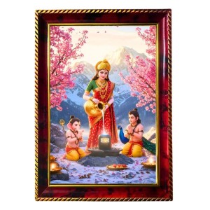 Parvathi With Sons Photo Frame For Wall & Table | 7x9 Inch Golden Cherry Finish | Decorative Parvathi With Sons Photo Frame For Home, Office & Pooja Room (F11858)