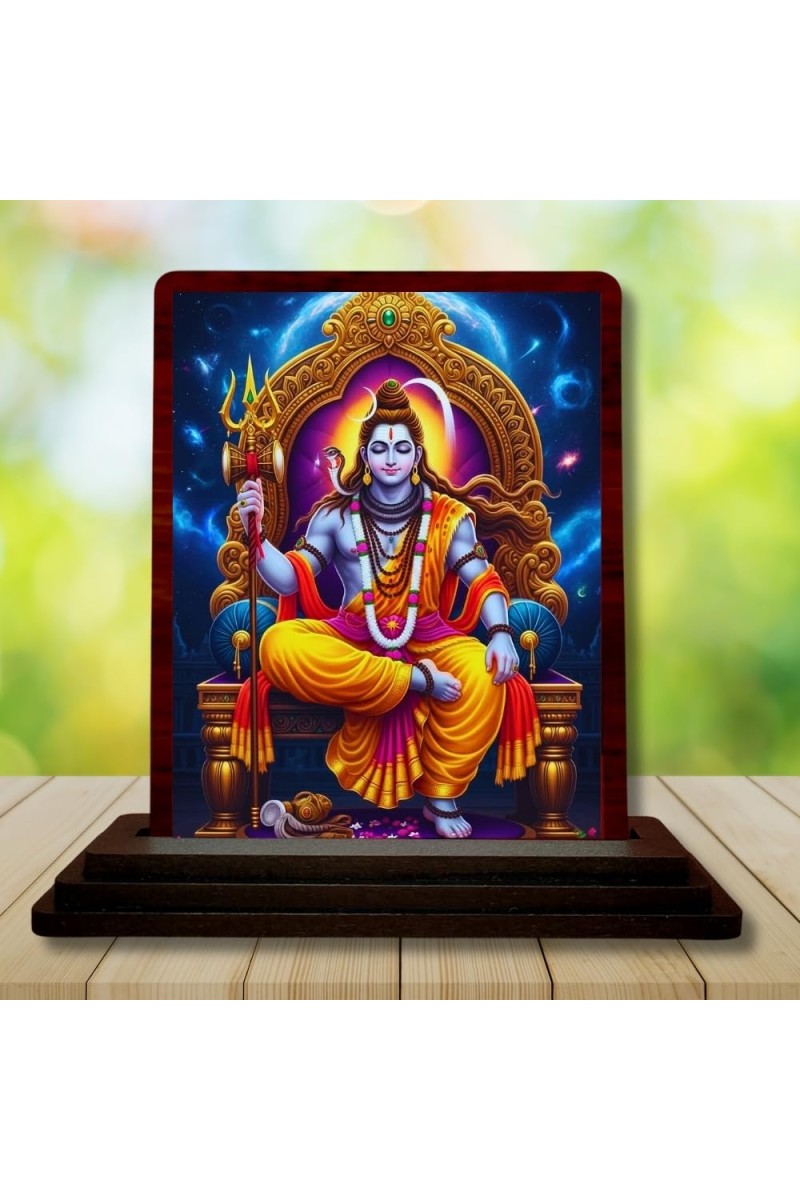 Car Desk/Table Top Lord Shiva Wooden Photo Stand 3x4 Inches, Compact & Stylish Spiritual Display For Car, Home & Office (Pack Of 1) (F15102)