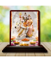 Car Desk/Table Top Lord Shiva And Parvathi Wooden Photo Stand 3x4 Inches, Compact & Stylish Spiritual Display For Car, Home & Office (Pack Of 1) (F14328)