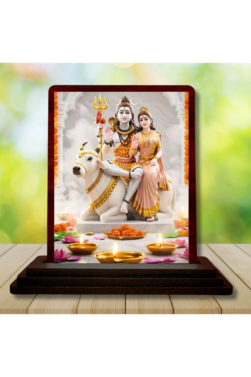Car Desk/Table Top Lord Shiva And Parvathi Wooden Photo Stand 3x4 Inches, Compact & Stylish Spiritual Display For Car, Home & Office (Pack Of 1) (F14328)