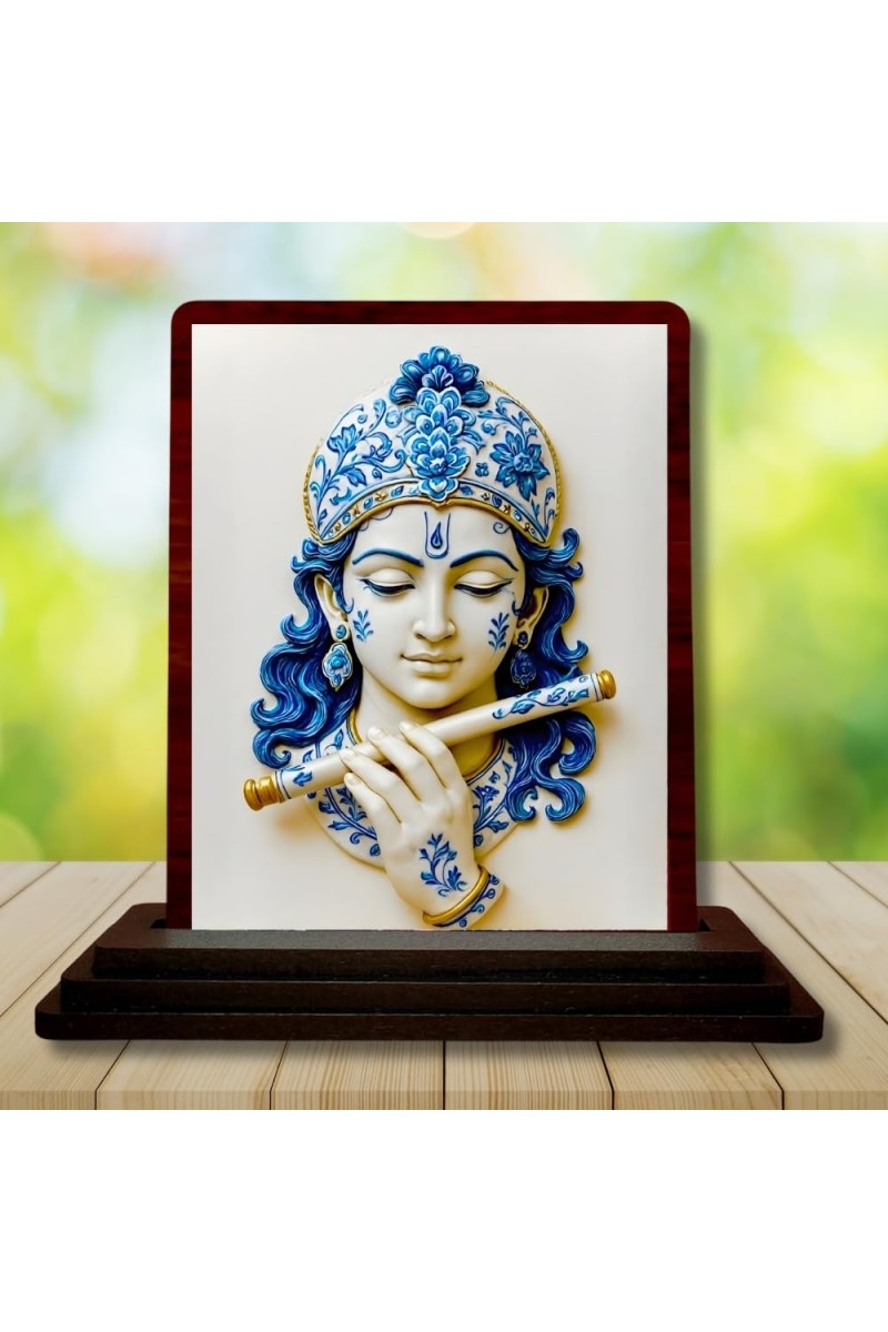 Car Desk/Table Top Lord Krishna Wooden Photo Stand 3x4 Inches, Compact & Stylish Spiritual Display For Car, Home & Office (Pack Of 1) (F15181)
