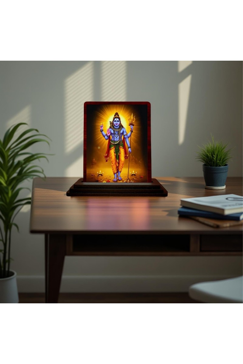 Car Desk/Table Top Lord Shiva Wooden Photo Stand 3x4 Inches, Compact & Stylish Spiritual Display For Car, Home & Office (Pack Of 1) (F15105)