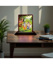 Car Desk/Table Top Lord Radha Krishna Wooden Photo Stand 3x4 Inches, Compact & Stylish Spiritual Display For Car, Home & Office (Pack Of 1) (F15169)