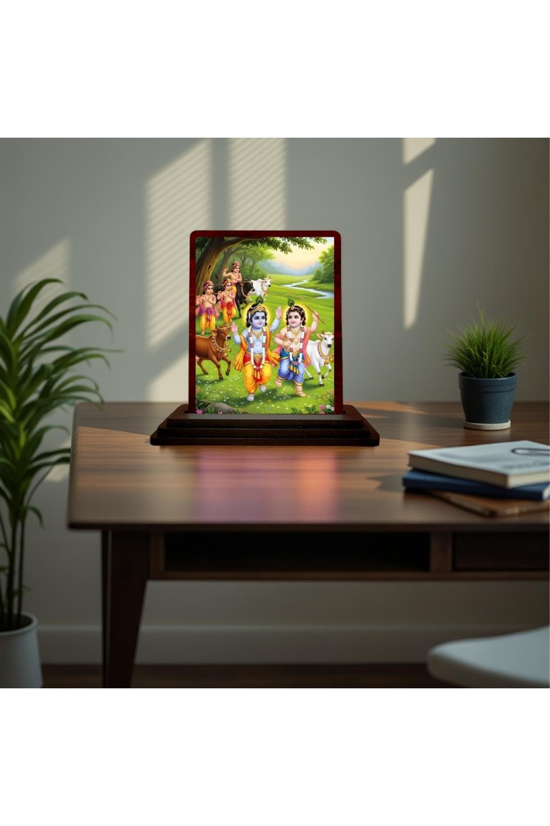 Car Desk/Table Top Lord Radha Krishna Wooden Photo Stand 3x4 Inches, Compact & Stylish Spiritual Display For Car, Home & Office (Pack Of 1) (F15169)