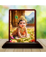 Car Desk/Table Top Lord Krishna Wooden Photo Stand 3x4 Inches, Compact & Stylish Spiritual Display For Car, Home & Office (Pack Of 1) (F14480)