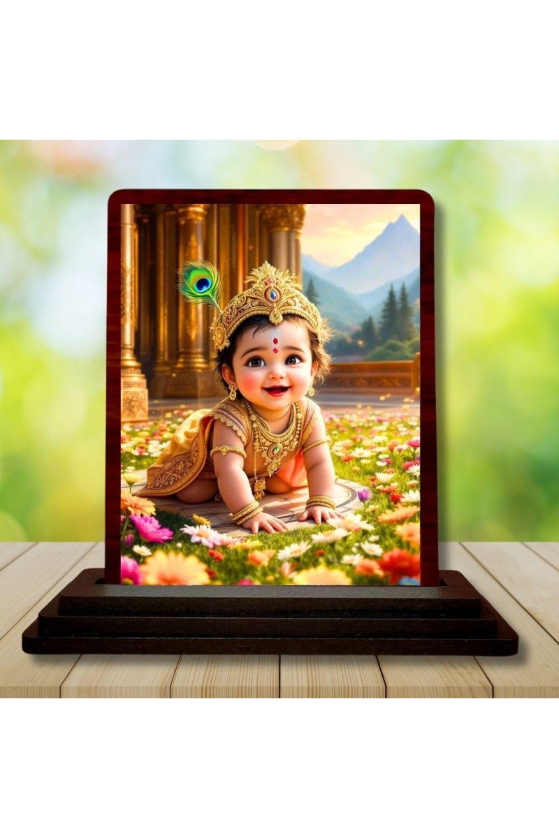 Car Desk/Table Top Lord Krishna Wooden Photo Stand 3x4 Inches, Compact & Stylish Spiritual Display For Car, Home & Office (Pack Of 1) (F14480)