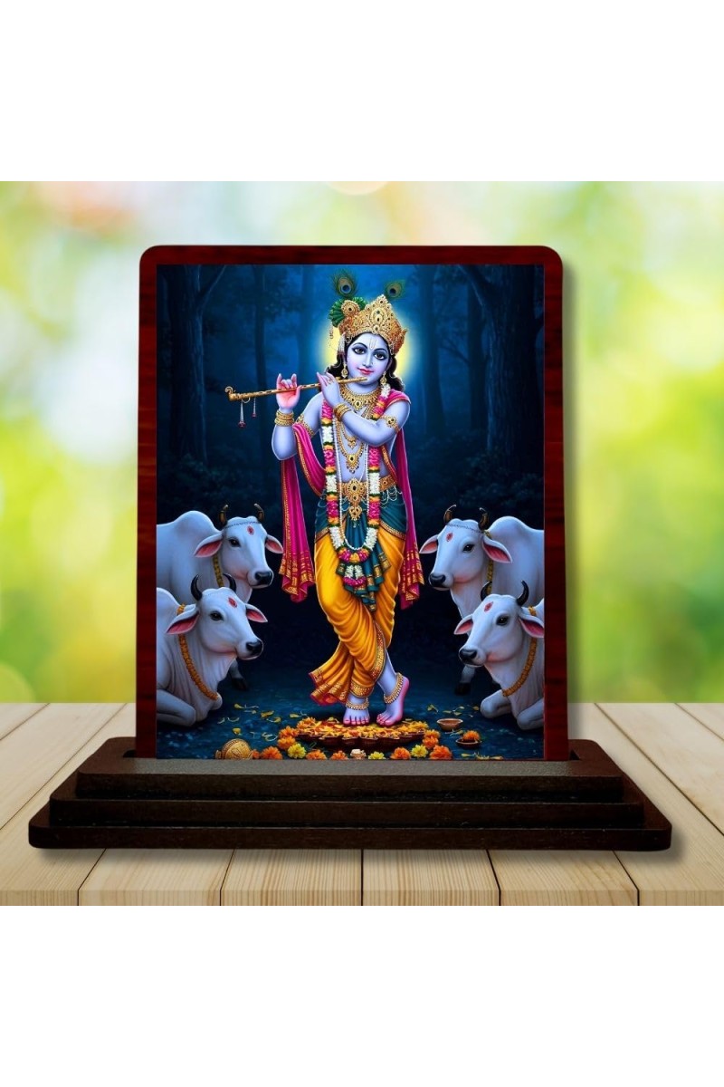 Car Desk/Table Top Lord Krishna Wooden Photo Stand 3x4 Inches, Compact & Stylish Spiritual Display For Car, Home & Office (Pack Of 1) (F14602)