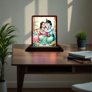 Car Desk/Table Top Radha Krishna Wooden Photo Stand 3x4 Inches, Compact & Stylish Spiritual Display For Car, Home & Office (Pack Of 1) (F14578)