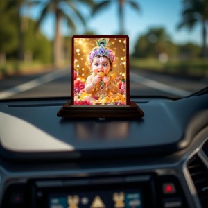 Car Desk/Table Top Lord Little Krishna Wooden Photo Stand 3x4 Inches, Compact & Stylish Spiritual Display For Car, Home & Office (Pack Of 1) (F14231)
