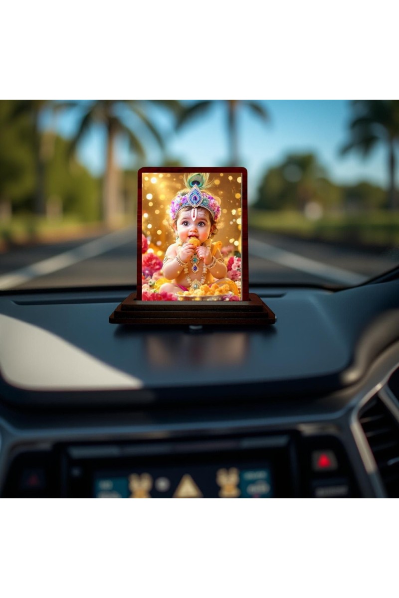 Car Desk/Table Top Lord Little Krishna Wooden Photo Stand 3x4 Inches, Compact & Stylish Spiritual Display For Car, Home & Office (Pack Of 1) (F14231)