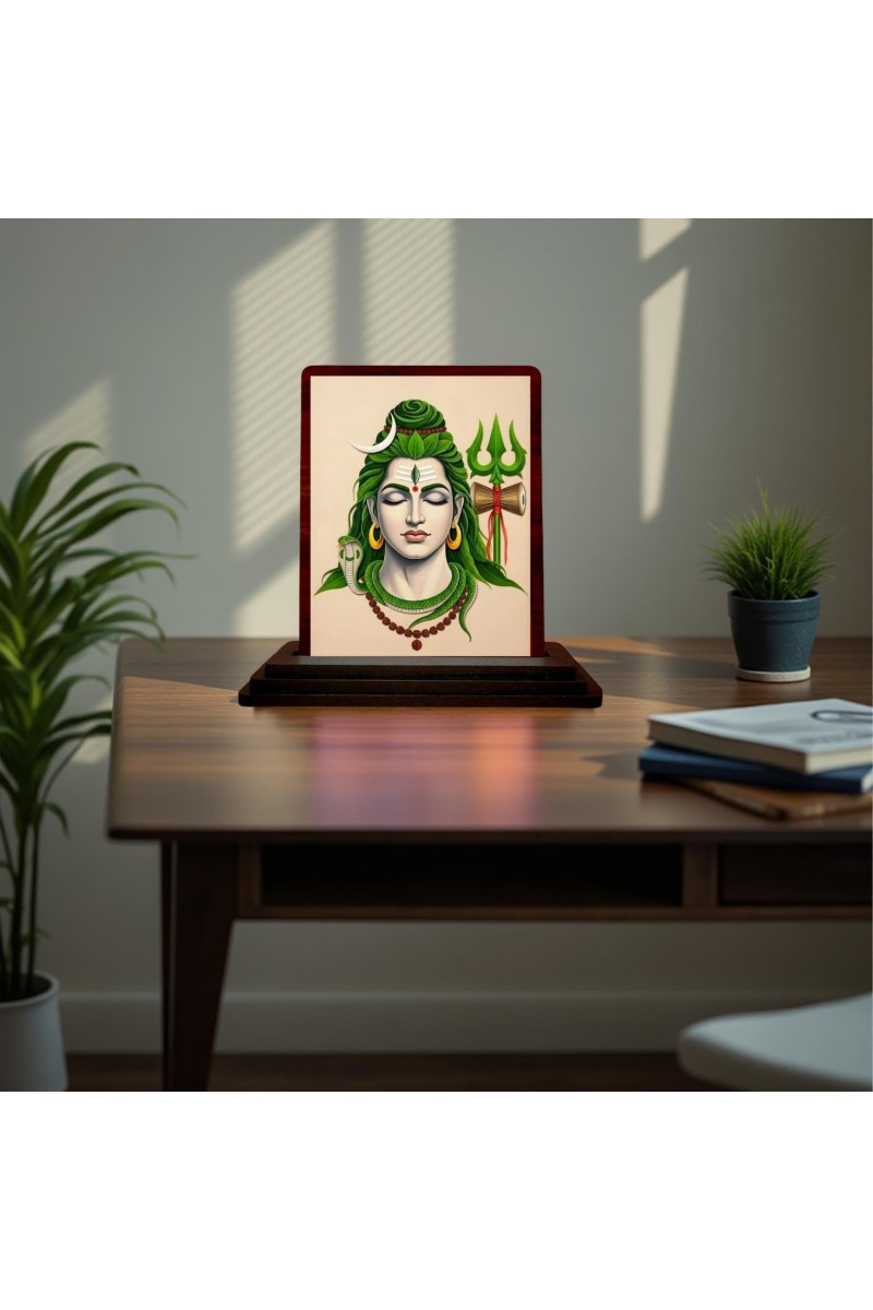 Car Desk/Table Top Lord Shiva Wooden Photo Stand 3x4 Inches, Compact & Stylish Spiritual Display For Car, Home & Office (Pack Of 1) (F15116)