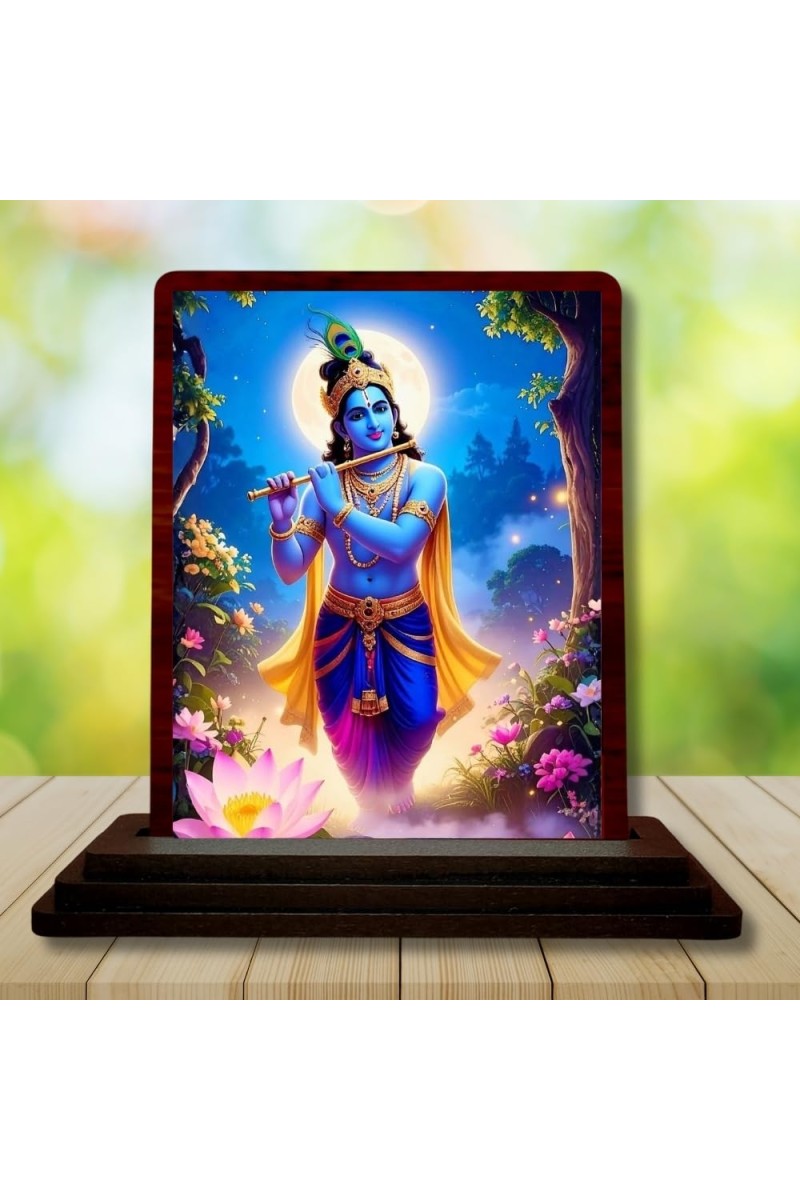 Car Desk/Table Top Lord Krishna Wooden Photo Stand 3x4 Inches, Compact & Stylish Spiritual Display For Car, Home & Office (Pack Of 1) (F15189)