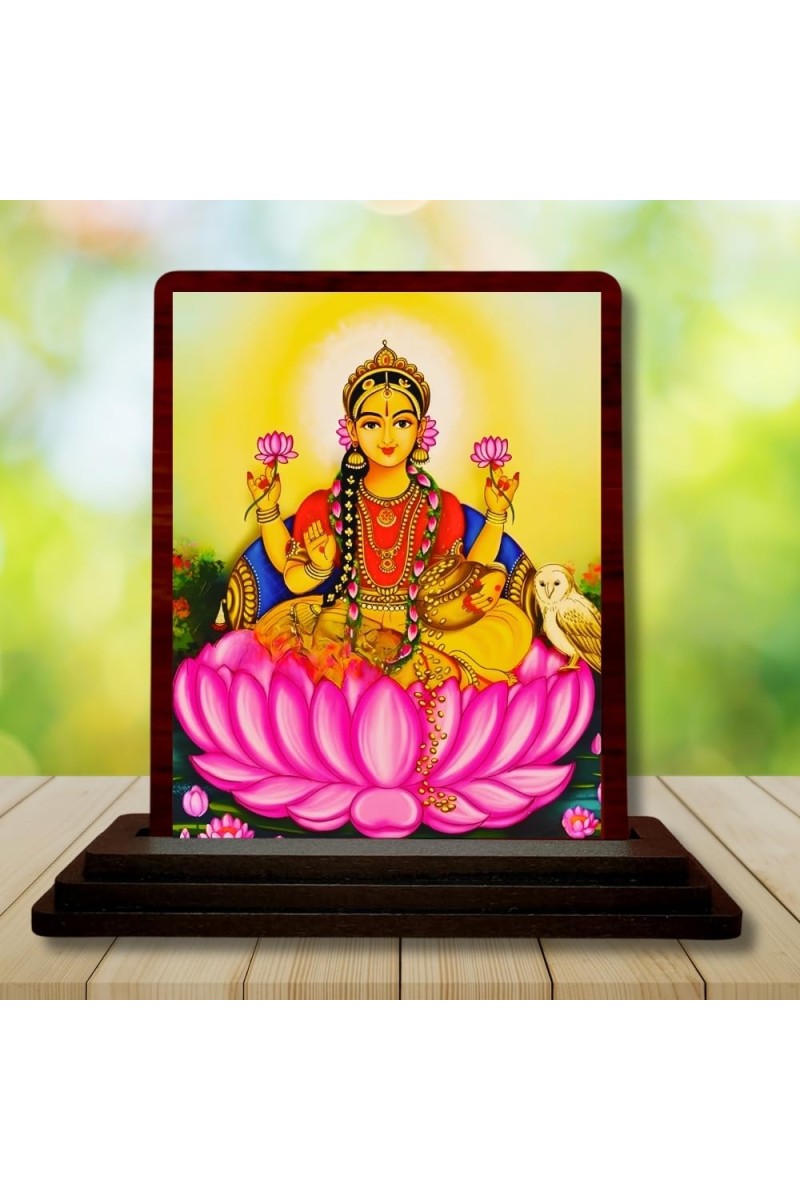 Car Desk/Table Top Maa Laxmi Wooden Photo Stand 3x4 Inches, Compact & Stylish Spiritual Display For Car, Home & Office (Pack Of 1) (F15174)