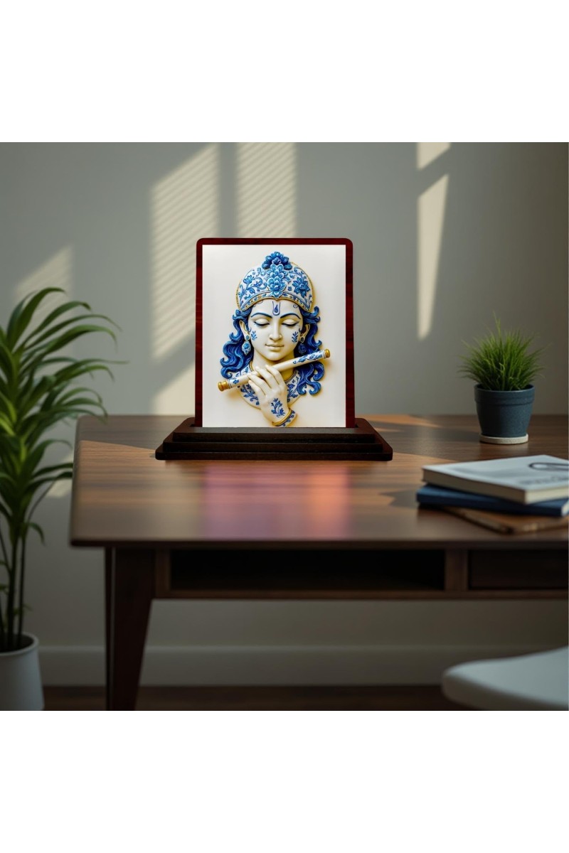 Car Desk/Table Top Lord Krishna Wooden Photo Stand 3x4 Inches, Compact & Stylish Spiritual Display For Car, Home & Office (Pack Of 1) (F15181)