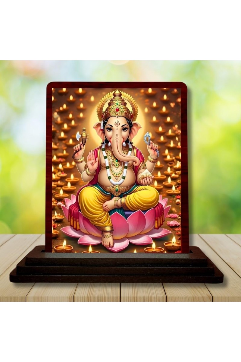 Car Desk/Table Top Lord Ganesha Wooden Photo Stand 3x4 Inches, Compact & Stylish Spiritual Display For Car, Home & Office (Pack Of 1) (F14263)