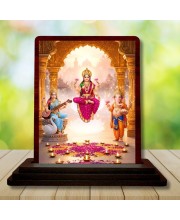 Car Desk/Table Top Lord Ganesha Lakshmi And Saraswathi Wooden Photo Stand 3x4 Inches, Compact & Stylish Spiritual Display For Car, Home & Office (Pack Of 1) (F14393)