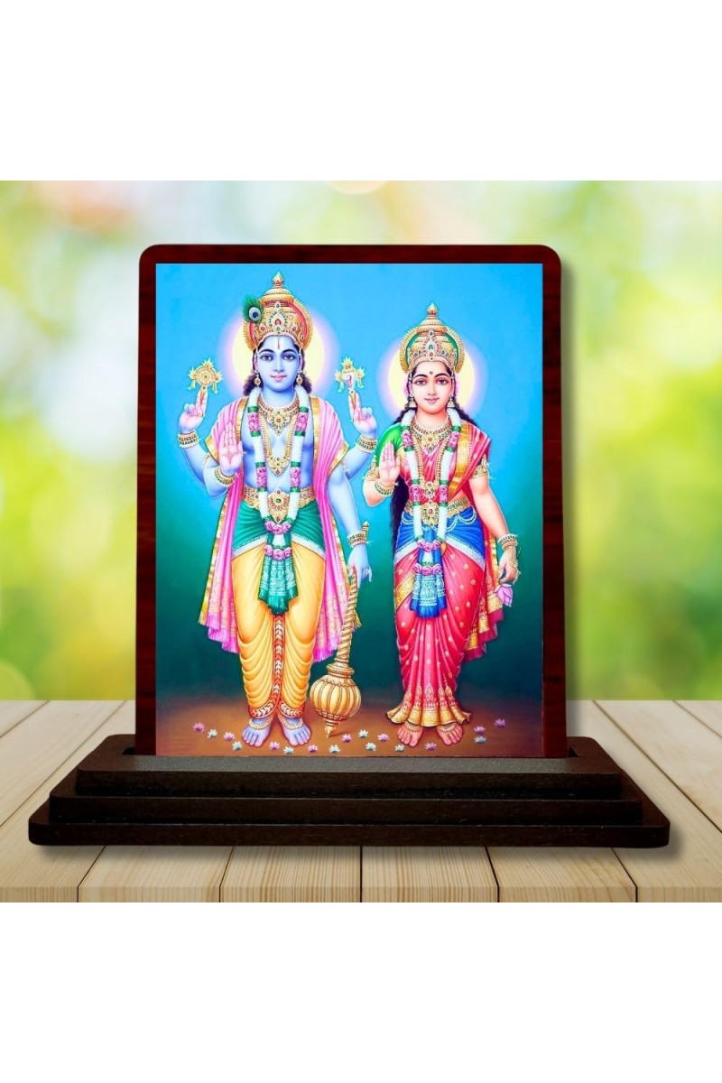 Car Desk/Table Top Lord Vishnu Lakshmi Wooden Photo Stand 3x4 Inches, Compact & Stylish Spiritual Display For Car, Home & Office (Pack Of 1) (F14559)
