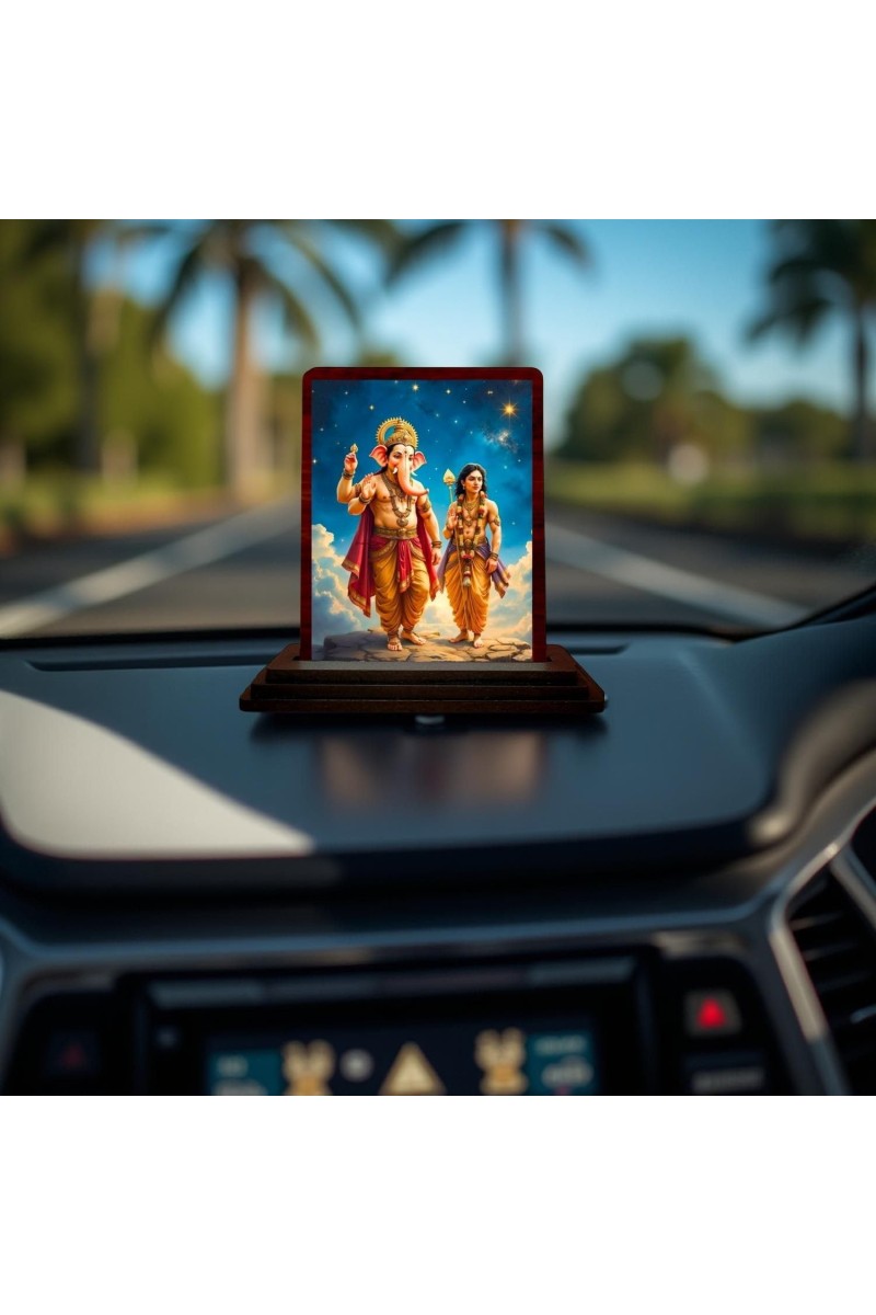 Car Desk/Table Top Lord Ganesha And Karthikeya Wooden Photo Stand 3x4 Inches, Compact & Stylish Spiritual Display For Car, Home & Office (Pack Of 1) (F14382)