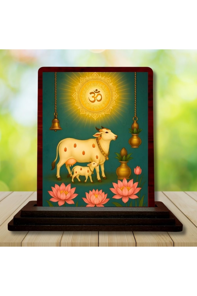 Car Desk/Table Top Gau Mata Wooden Photo Stand 3x4 Inches, Compact & Stylish Spiritual Display For Car, Home & Office (Pack Of 1) (F15166)