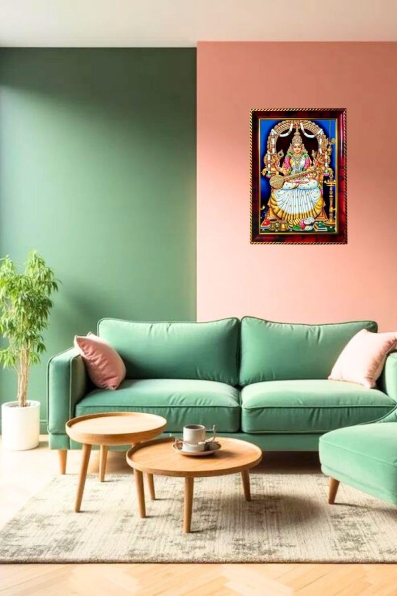 Maa Saraswathi Photo Frame For Wall & Table | 7x9 Inch Golden Cherry Finish | Decorative Maa Saraswathi Photo Frame For Home, Office & Pooja Room (F11854)