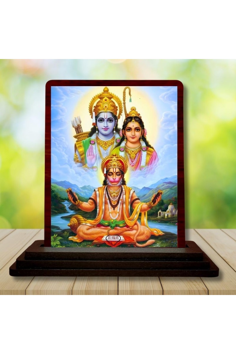 Car Desk/Table Top Lord Rama And Sita And Hanuman Wooden Photo Stand 3x4 Inches, Compact & Stylish Spiritual Display For Car, Home & Office (Pack Of 1) (F14296)