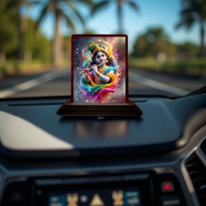 Car Desk/Table Top Lord Krishna Wooden Photo Stand 3x4 Inches, Compact & Stylish Spiritual Display For Car, Home & Office (Pack Of 1) (F15114)