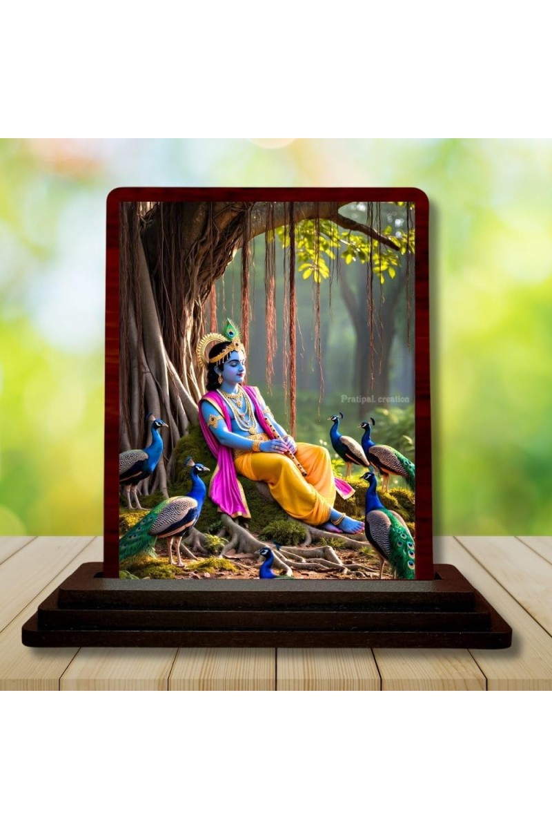 Car Desk/Table Top Lord Krishna Wooden Photo Stand 3x4 Inches, Compact & Stylish Spiritual Display For Car, Home & Office (Pack Of 1) (F14402)
