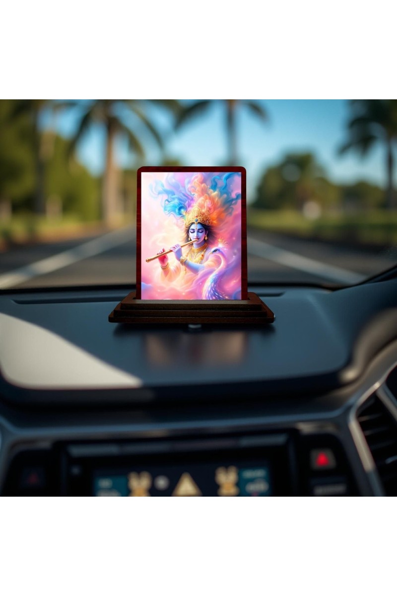 Car Desk/Table Top Lord Krishna Wooden Photo Stand 3x4 Inches, Compact & Stylish Spiritual Display For Car, Home & Office (Pack Of 1) (F14625)