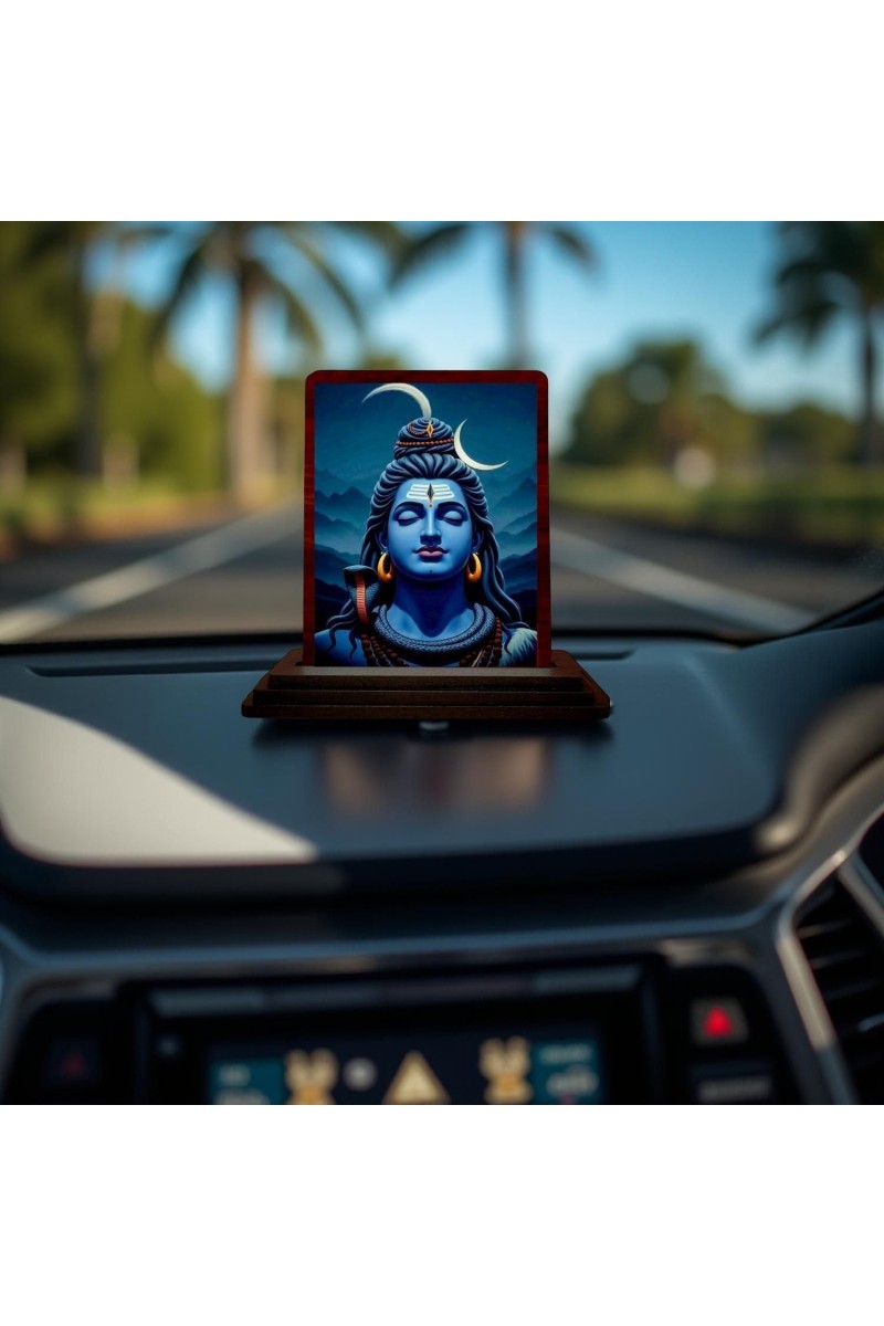 Car Desk/Table Top Lord Shiva Wooden Photo Stand 3x4 Inches, Compact & Stylish Spiritual Display For Car, Home & Office (Pack Of 1) (F14217)