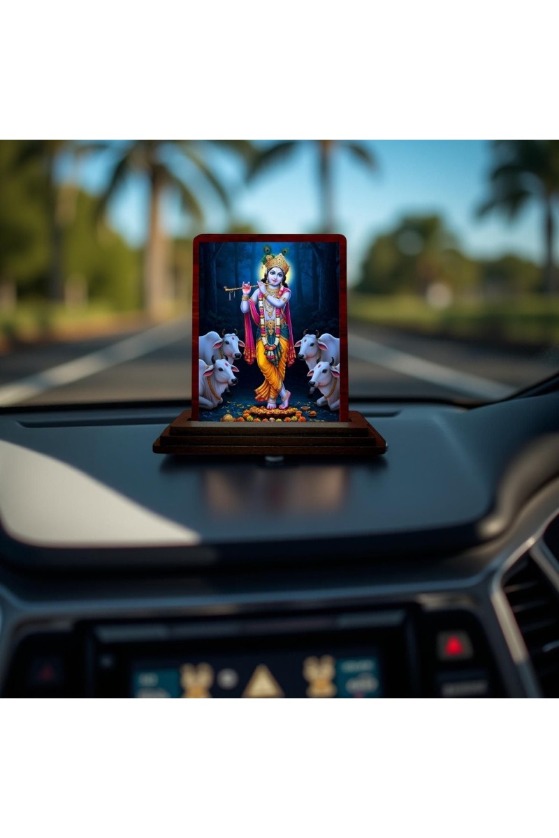 Car Desk/Table Top Lord Krishna Wooden Photo Stand 3x4 Inches, Compact & Stylish Spiritual Display For Car, Home & Office (Pack Of 1) (F14602)