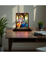 Car Desk/Table Top Lord Radha Krishna Wooden Photo Stand 3x4 Inches, Compact & Stylish Spiritual Display For Car, Home & Office (Pack Of 1) (F15172)