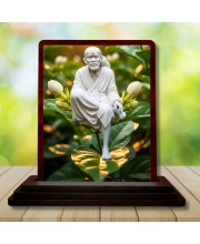 Car Desk/Table Top Lord Saibaba Wooden Photo Stand 3x4 Inches, Compact & Stylish Spiritual Display For Car, Home & Office (Pack Of 1) (F14323)