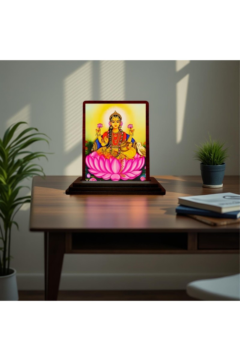 Car Desk/Table Top Maa Laxmi Wooden Photo Stand 3x4 Inches, Compact & Stylish Spiritual Display For Car, Home & Office (Pack Of 1) (F15174)