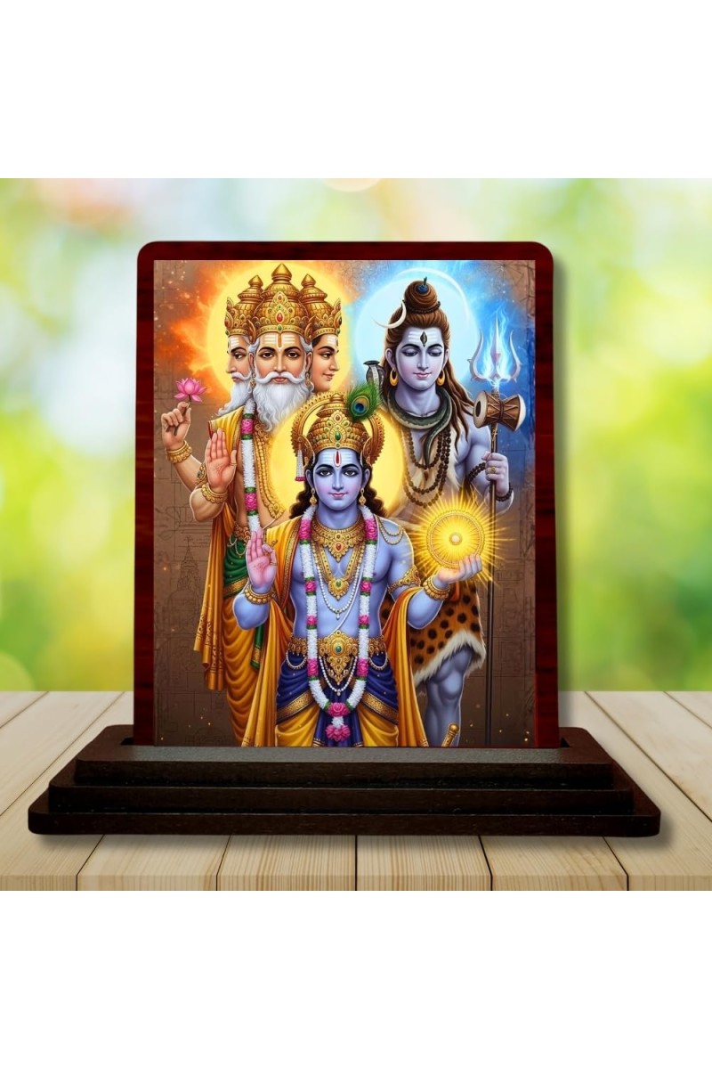 Car Desk/Table Top Lord Vishnu Shankar Bramha Wooden Photo Stand 3x4 Inches, Compact & Stylish Spiritual Display For Car, Home & Office (Pack Of 1) (F15142)