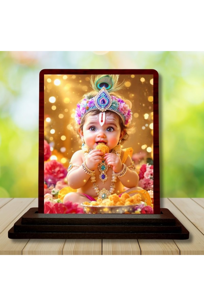 Car Desk/Table Top Bal Krishna Wooden Photo Stand 3x4 Inches, Compact & Stylish Spiritual Display For Car, Home & Office (Pack Of 1) (F14973)